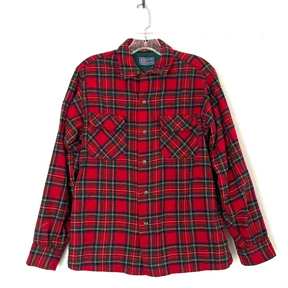 60s/70s Pendleton Red Royal Stewart Plaid 100% Wool Loop Collar Board Shirt Med